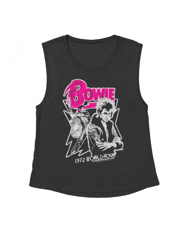 David Bowie Ladies' Muscle Tank Top | Pink And Silver 1972 World Tour Distressed Shirt $13.84 Shirts