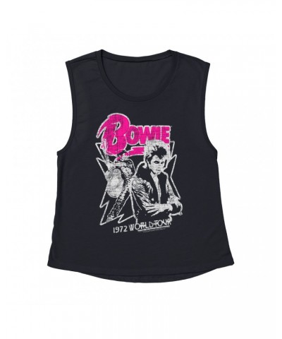 David Bowie Ladies' Muscle Tank Top | Pink And Silver 1972 World Tour Distressed Shirt $13.84 Shirts