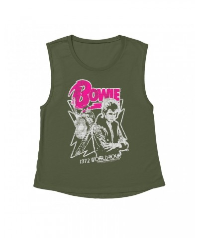 David Bowie Ladies' Muscle Tank Top | Pink And Silver 1972 World Tour Distressed Shirt $13.84 Shirts